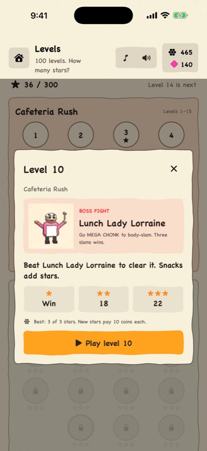 Level card for the Lunch Lady Lorraine boss fight