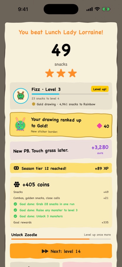Results after beating Lunch Lady Lorraine, with a drawing rank-up